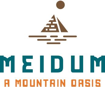 A low res tent in the light of the moon above the words Meidum A Mountain Oasis